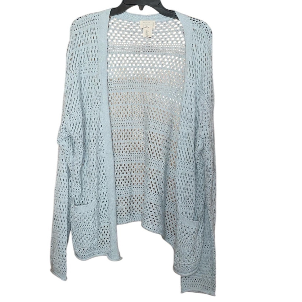 •NICOLE MILLER•BLUE BOHO PERFORATED SLOUCHY KNIT OPEN FRONT CARDIGAN SIZE LARGE